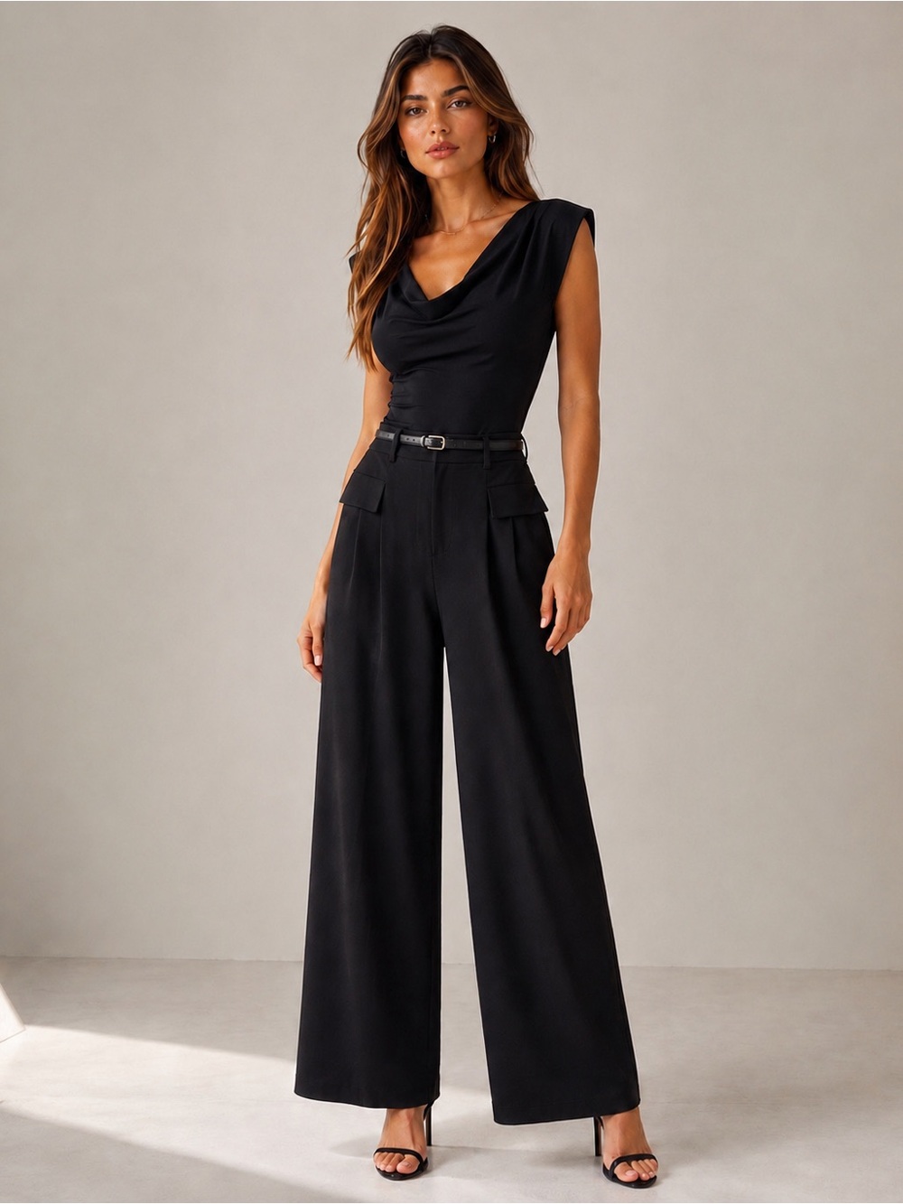 NWT Belted Wide-Leg High-Waist Trousers - Black